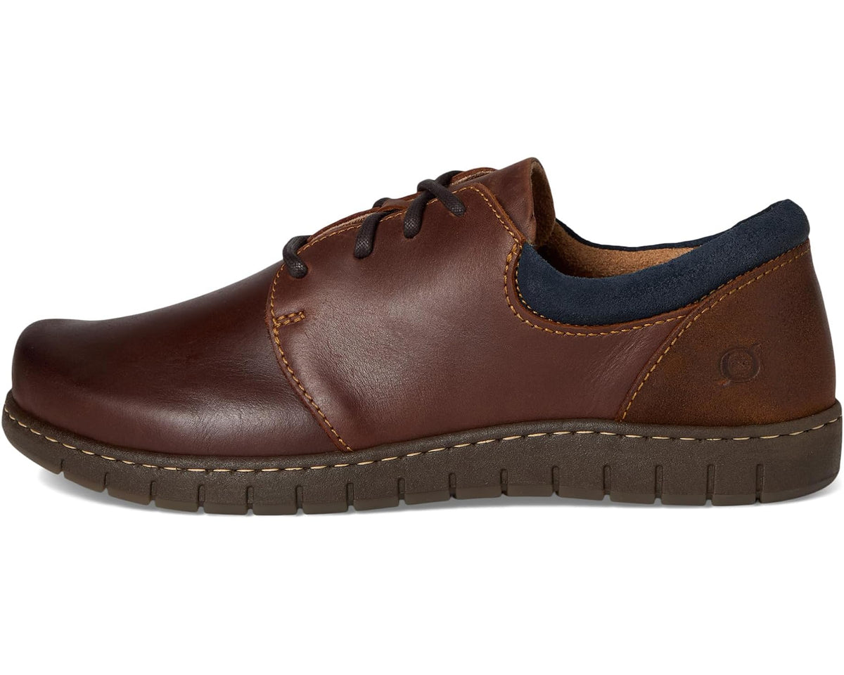 Born men's lace-up casual shoe, dark brown leather with blue collar and tan contrast stitching