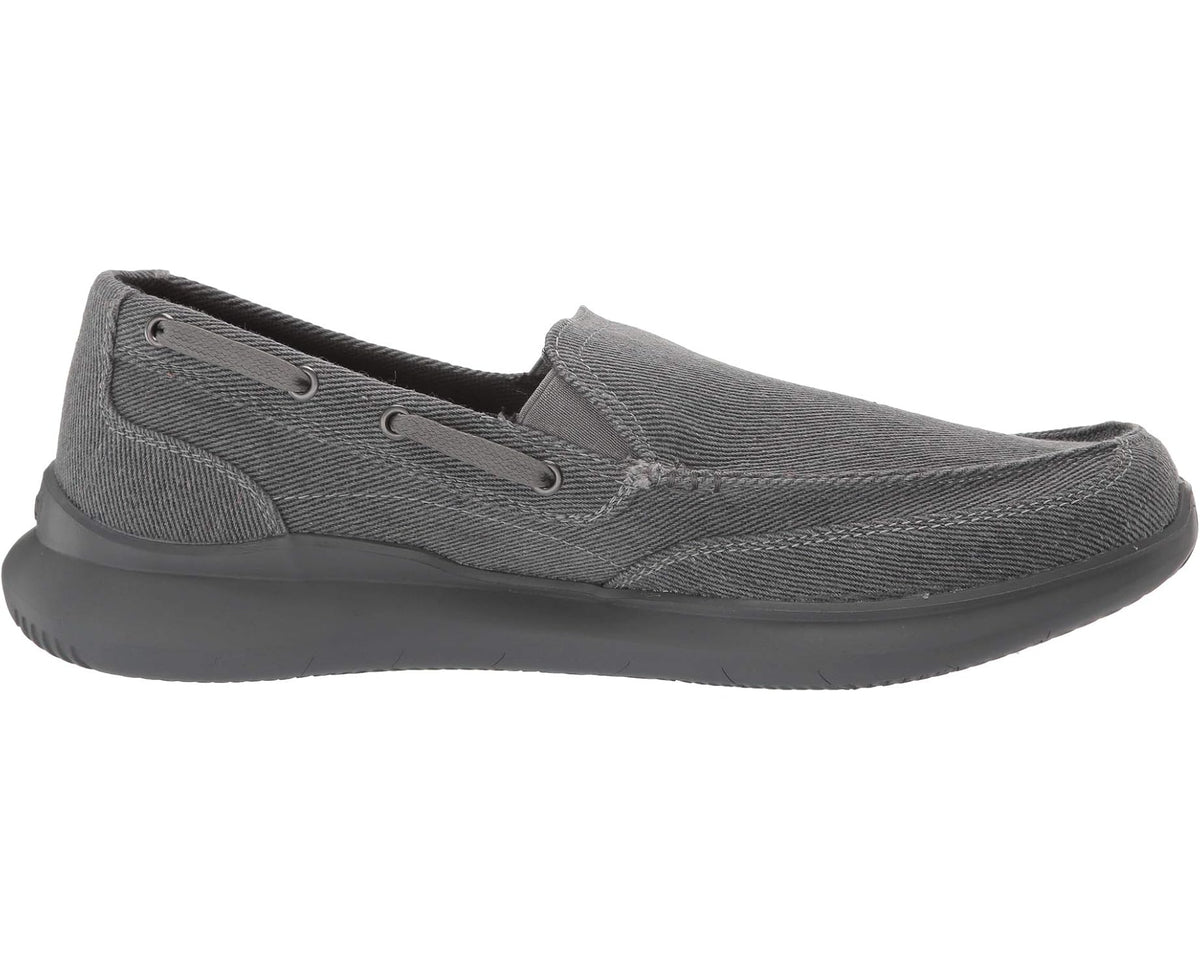 Grey low-profile slip-on shoe with moc-toe stitching