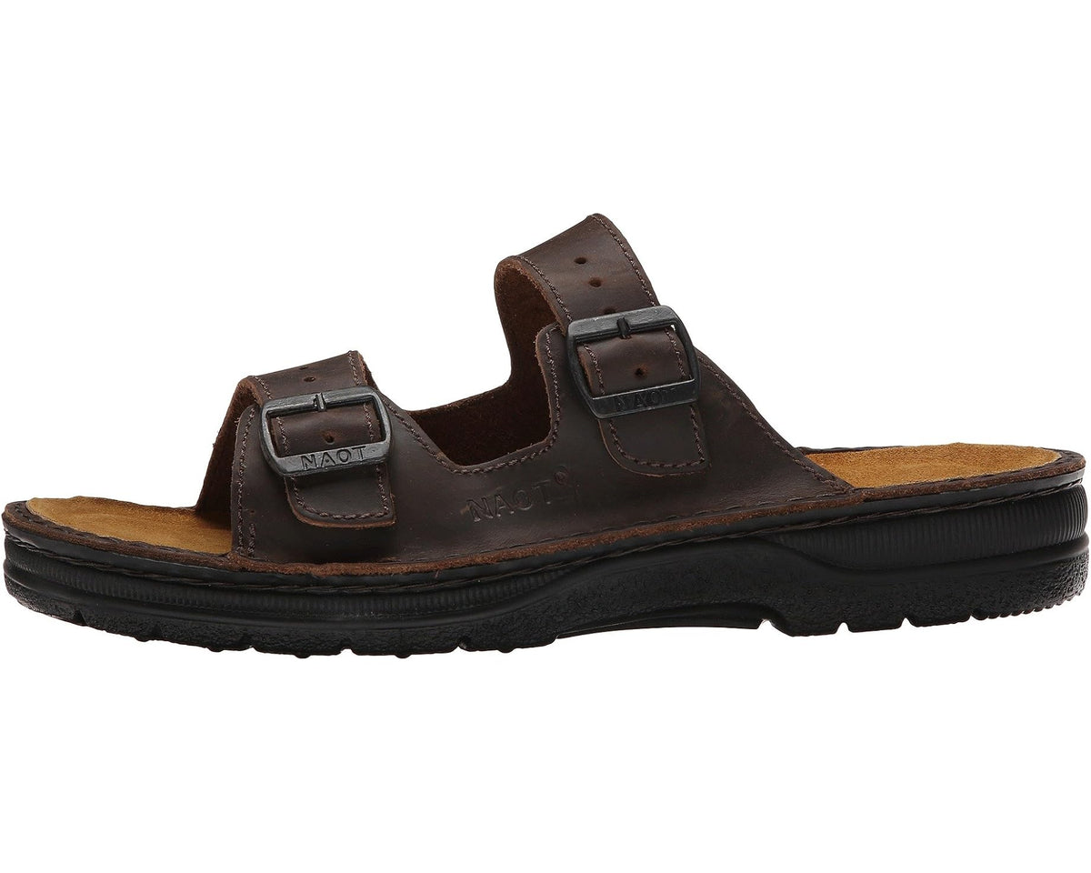Leather slide sandal with two hook-and-buckle straps, dark brown and tan footbed