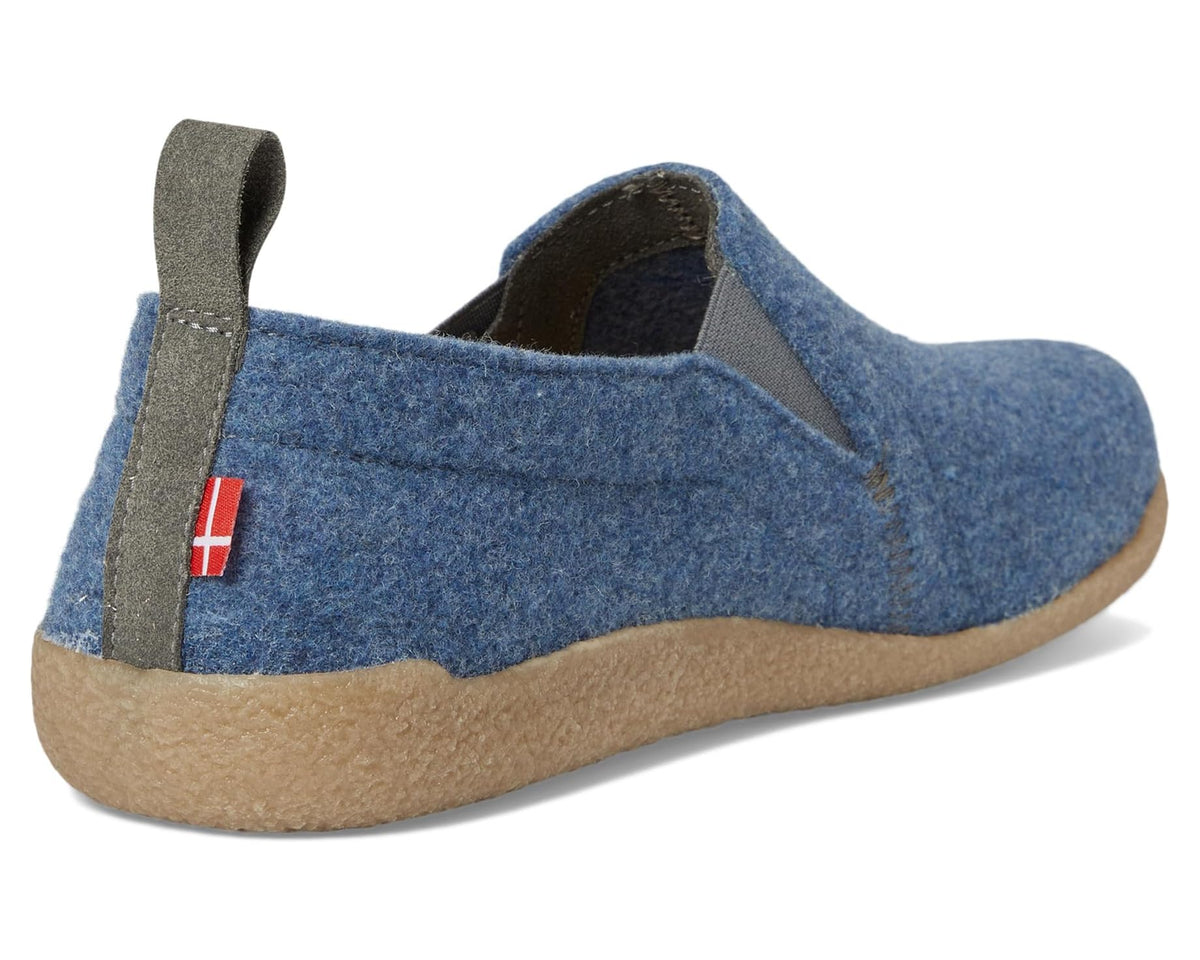 Sanita blue felt slip-on shoe with gray heel loop and small flag patch
