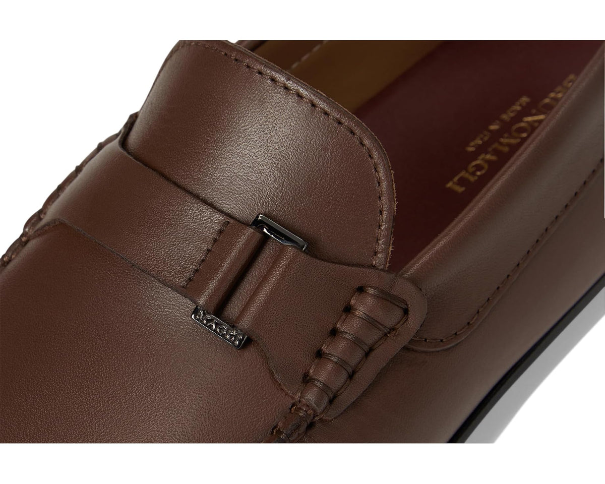 Close-up of brown loafer buckle strap on leather upper