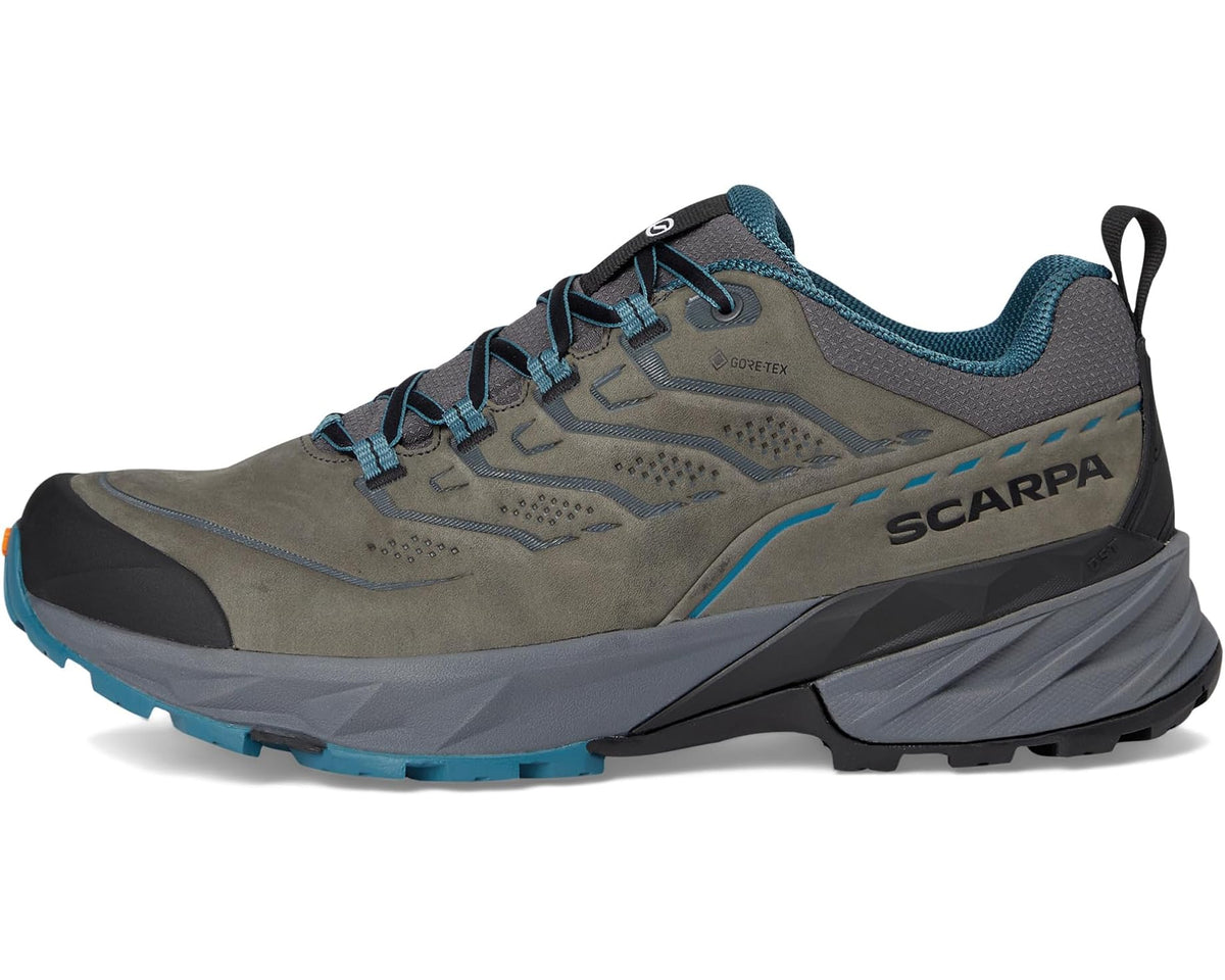 Men's hiking shoe in gray-taupe with teal trim, lace-up front, and toe cap