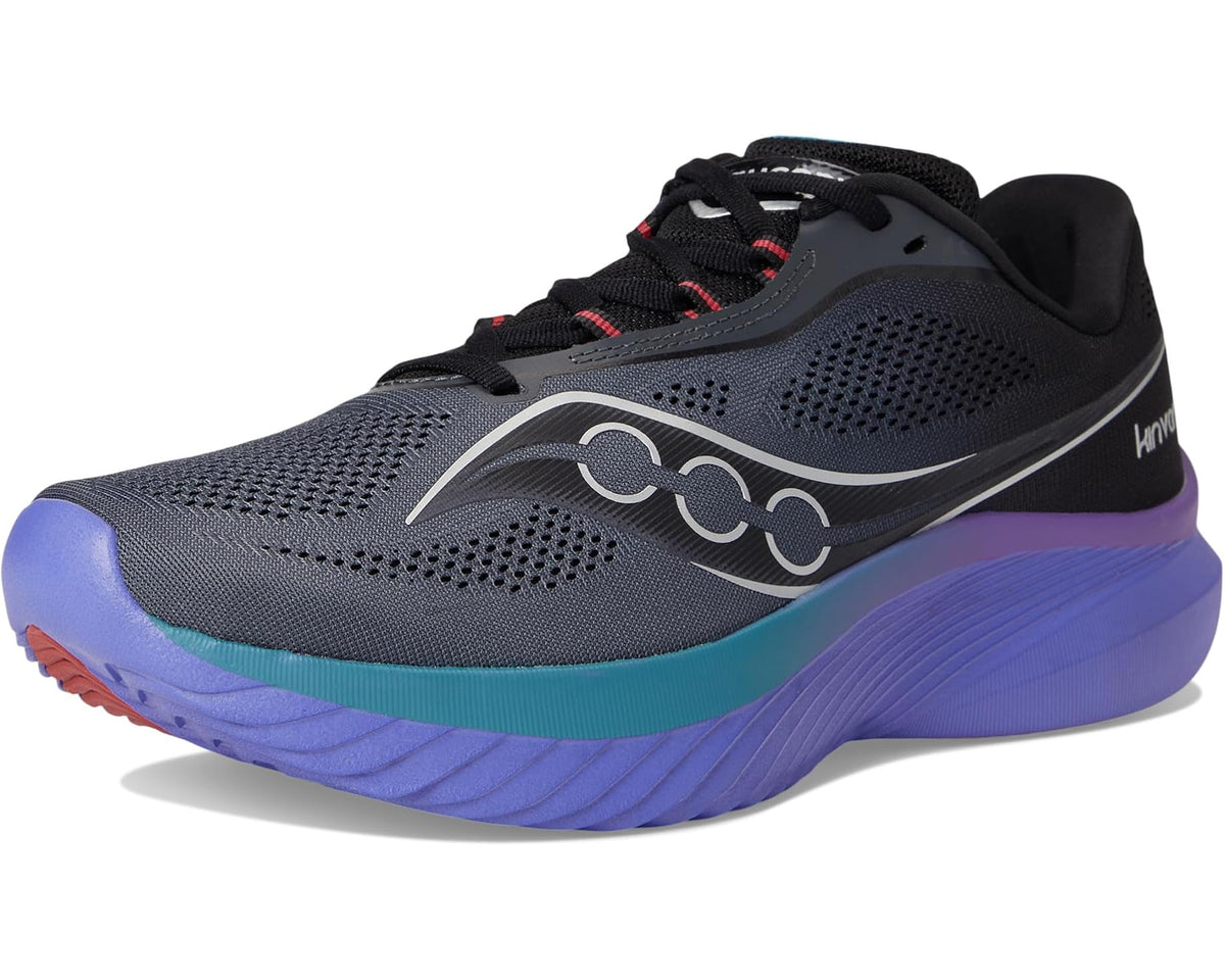 Men's dark gray running shoes with black laces, silver logo, and purple sole
