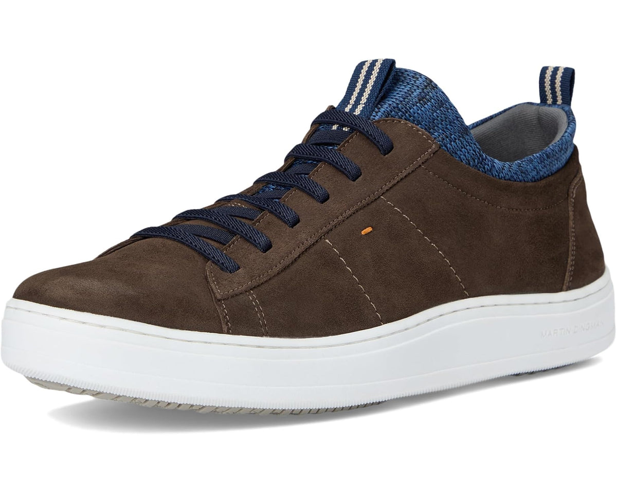 Walnut brown suede low-top sneakers with blue knit collar and lace-up, front view.