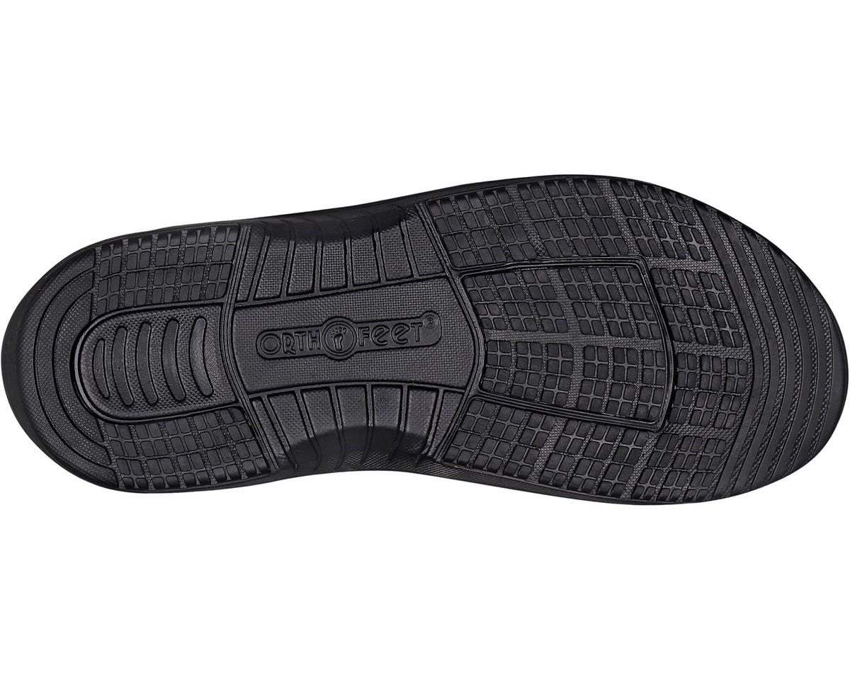 Black rubber sandal outsole with deep tread and Orthofeet logo