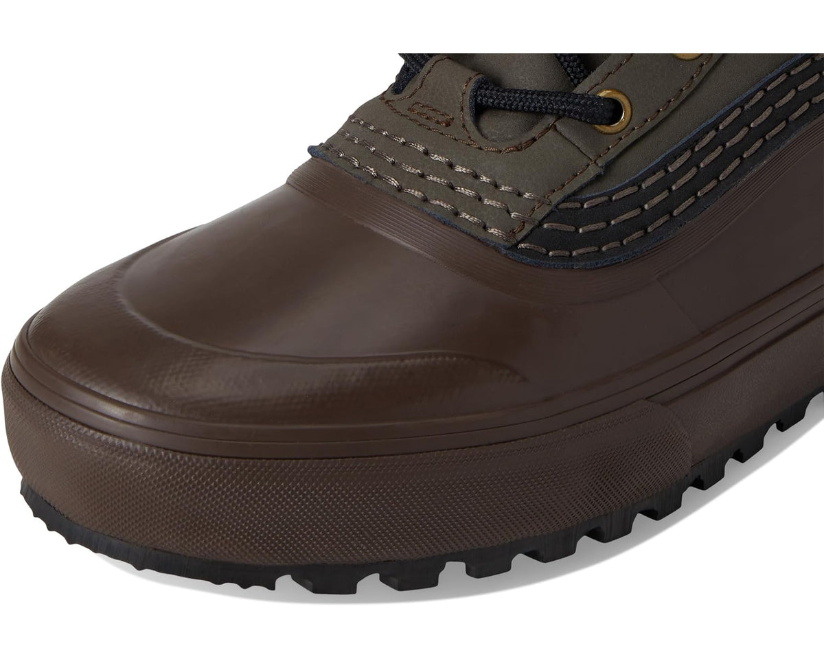 Mid-top waterproof boot toe and side view in dark brown leather with stitch detailing