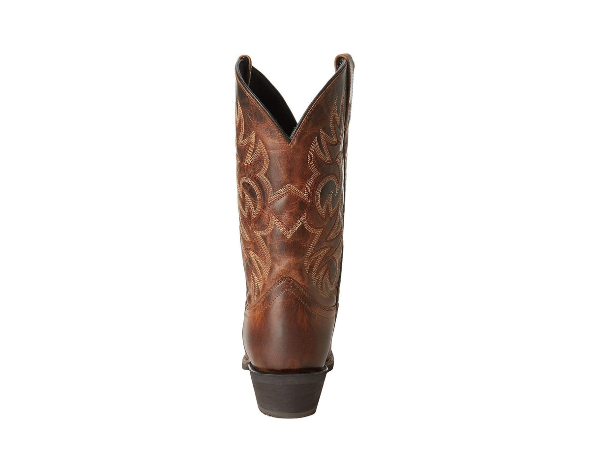 Rust-brown western boot with floral embroidery and black interior lining at top