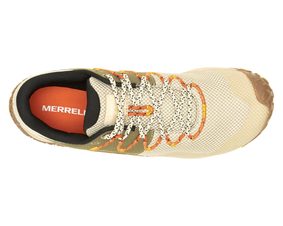 Men's Merrell trail shoe, side view with orange laces and cushioned heel collar