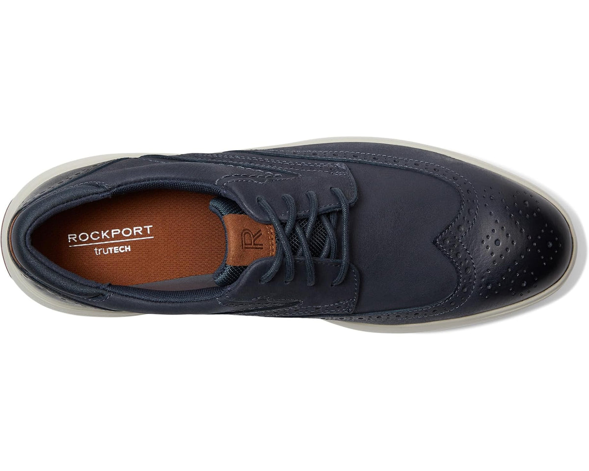 Dark blue leather lace-up sneaker with ROCKPORT logo lining and perforated toe