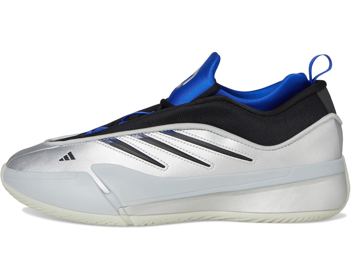 adidas Dame 9 basketball shoes, silver metallic upper with black and royal blue details