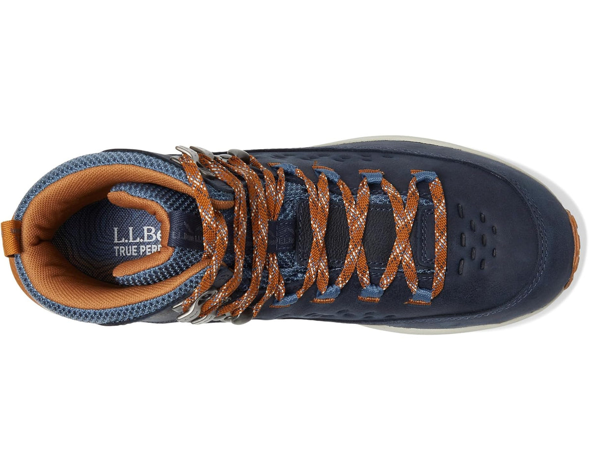 Carbon navy hiker mid boot with orange lace-up design and perforated toe panel