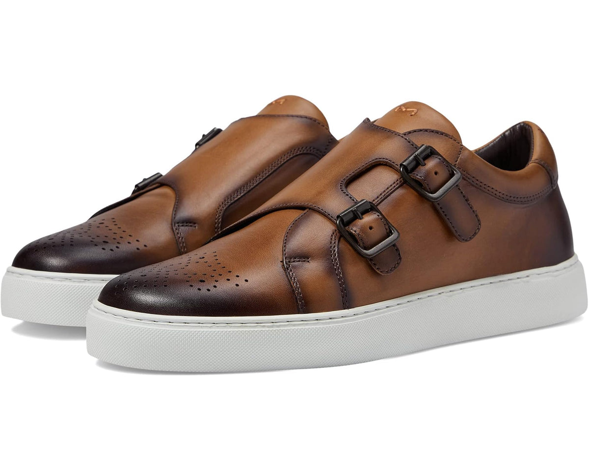 Men's double-buckle leather sneakers in pecan brown with white rubber sole