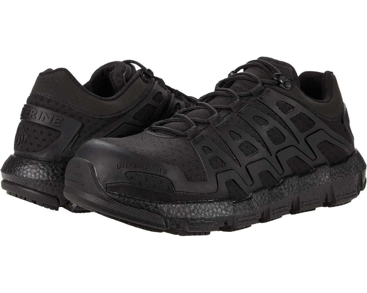 Men's black oxford-style work shoe with lace-up front and rugged tread sole