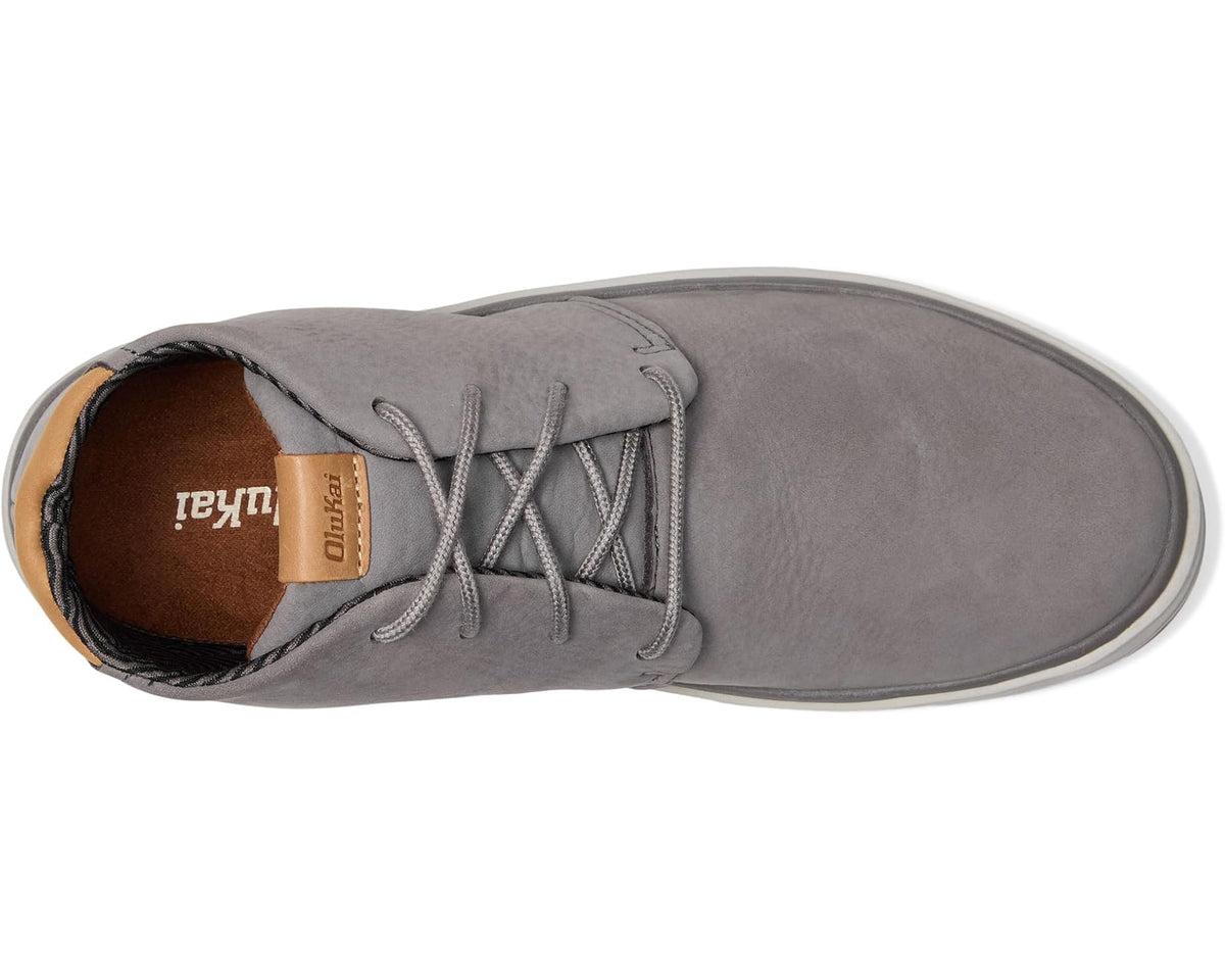 Graphite suede chukka boot with lace-up closure and dark padded collar