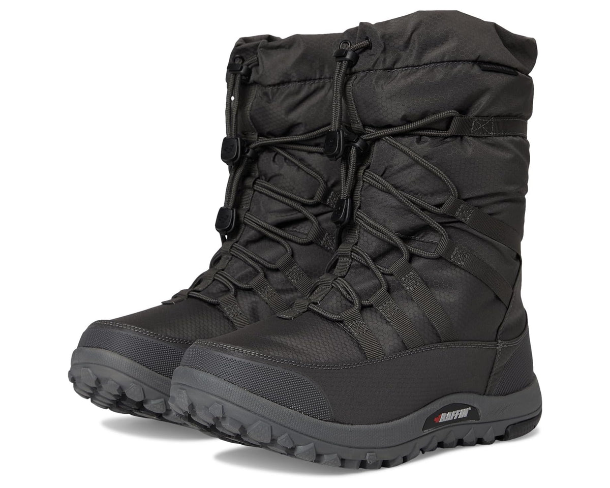 Charcoal men's snow boot, lace-up front, padded shaft, and rugged tread sole