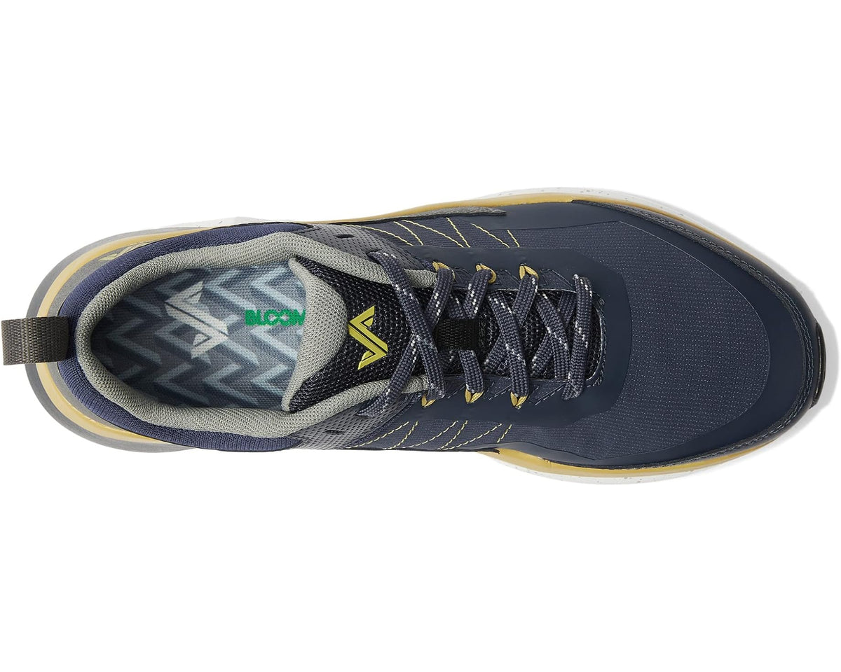 Navy lace-up trail shoe with gray lining and textured tread sole