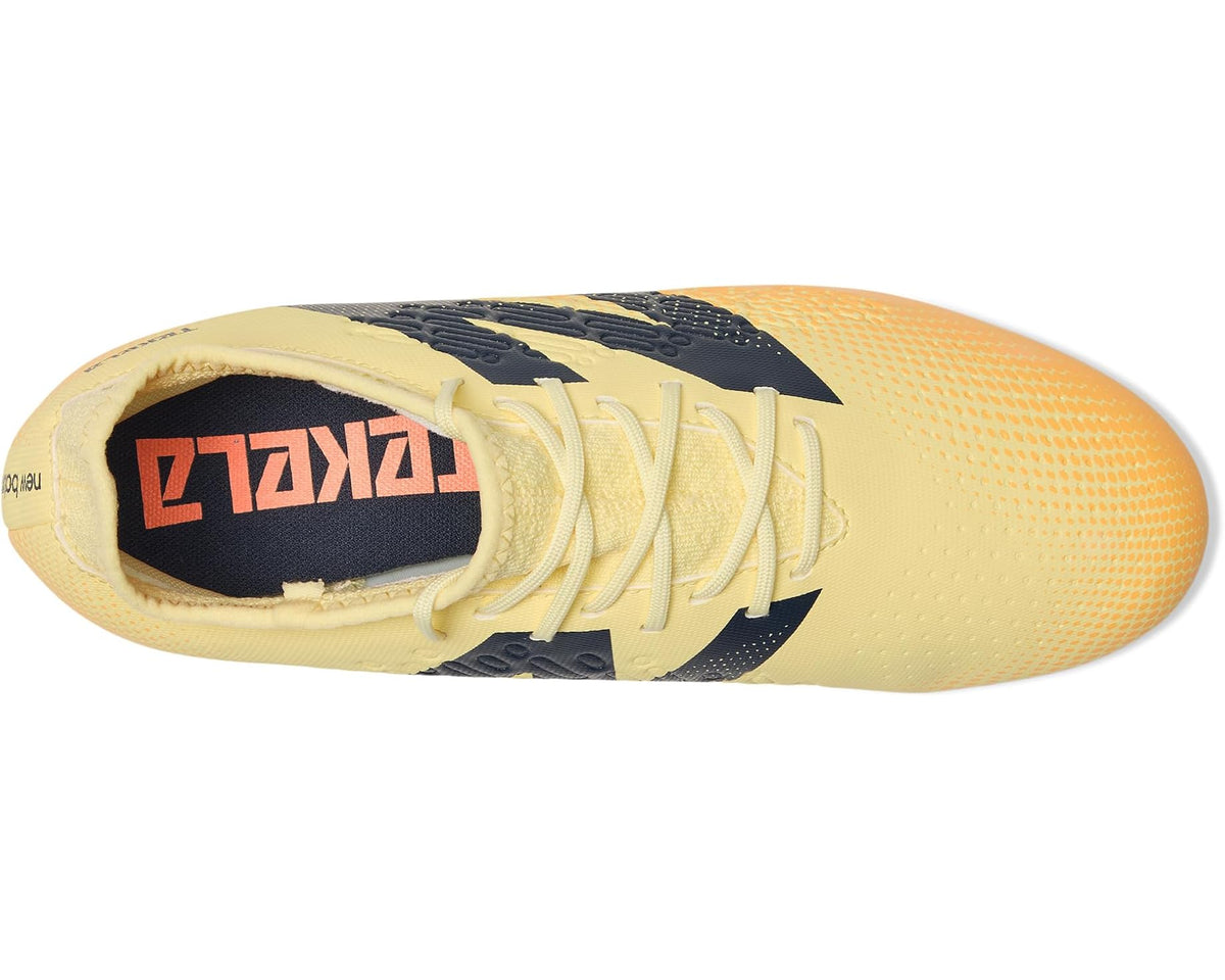 Unisex soccer cleat showing navy midfoot stripe, laces, and light yellow interior