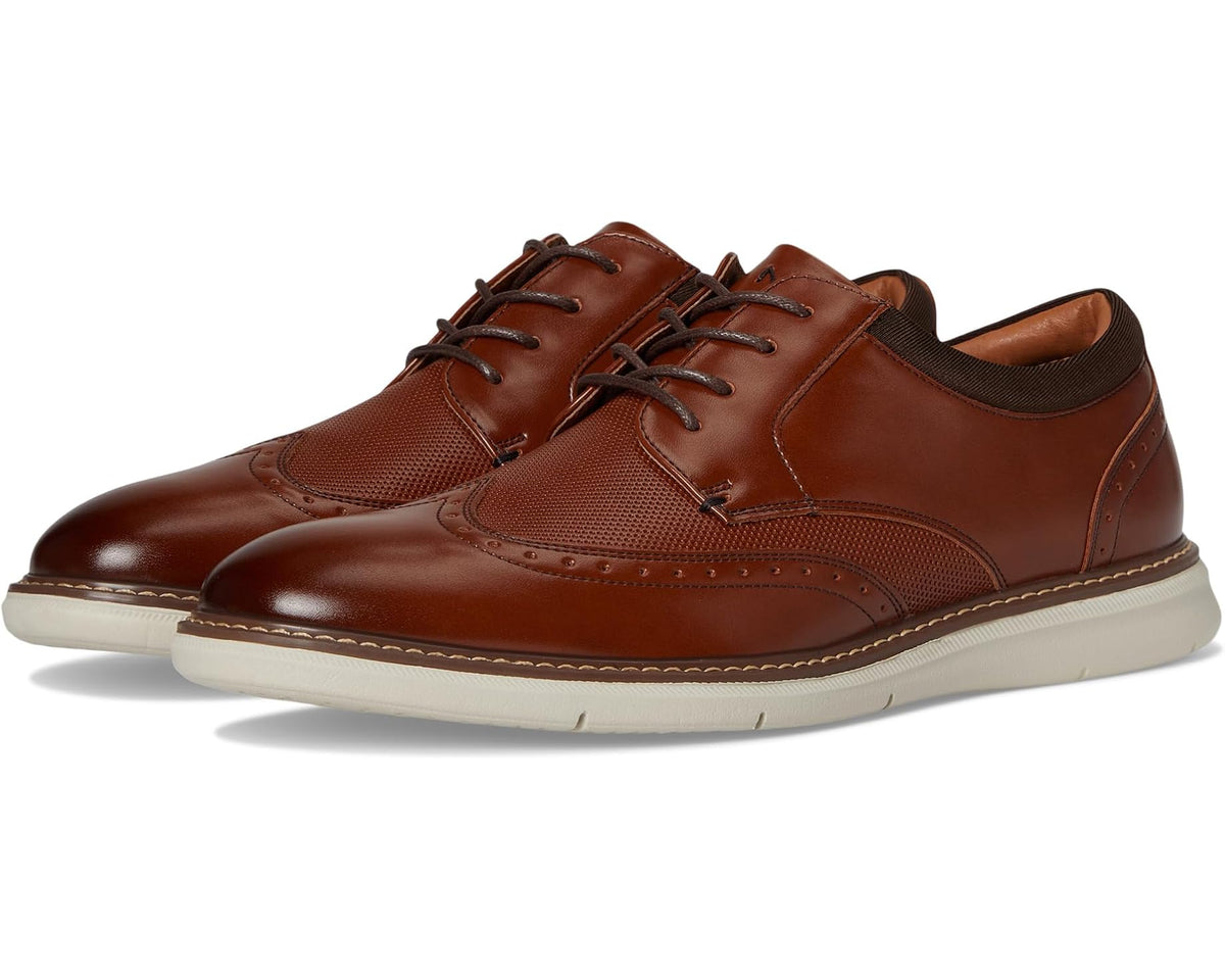 Men's cognac wingtip lace-up oxford with contrast stitching and cushioned sole