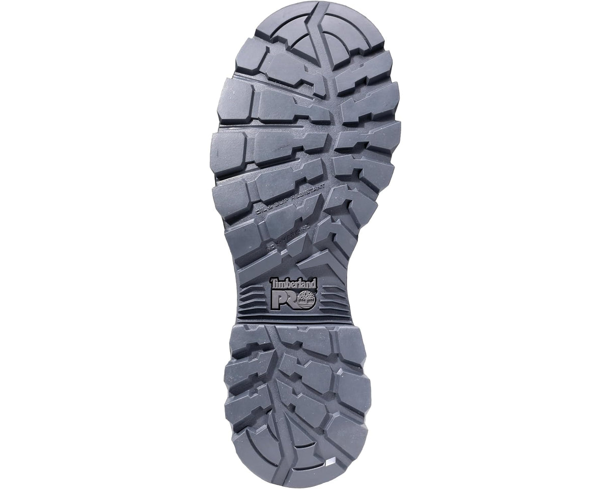 Men's black work boot outsole with deep rubber tread and Timberland PRO logo