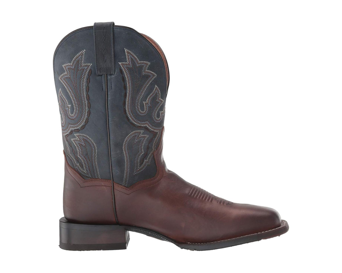 Men's cowboy boots side view with dark blue embroidered shaft and dark brown leather