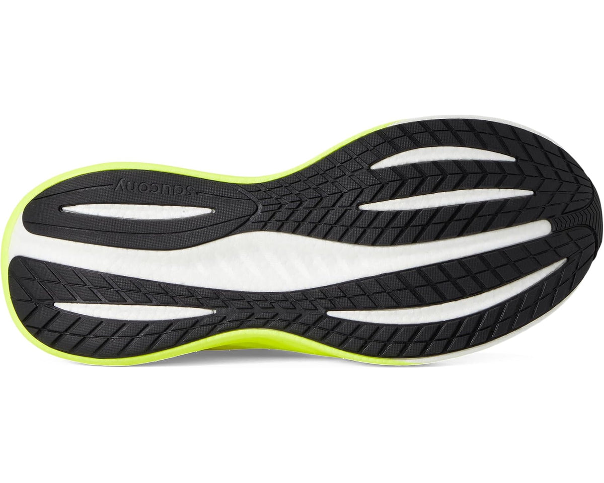 Black and white rubber outsole with neon citron side edge on men's running shoes