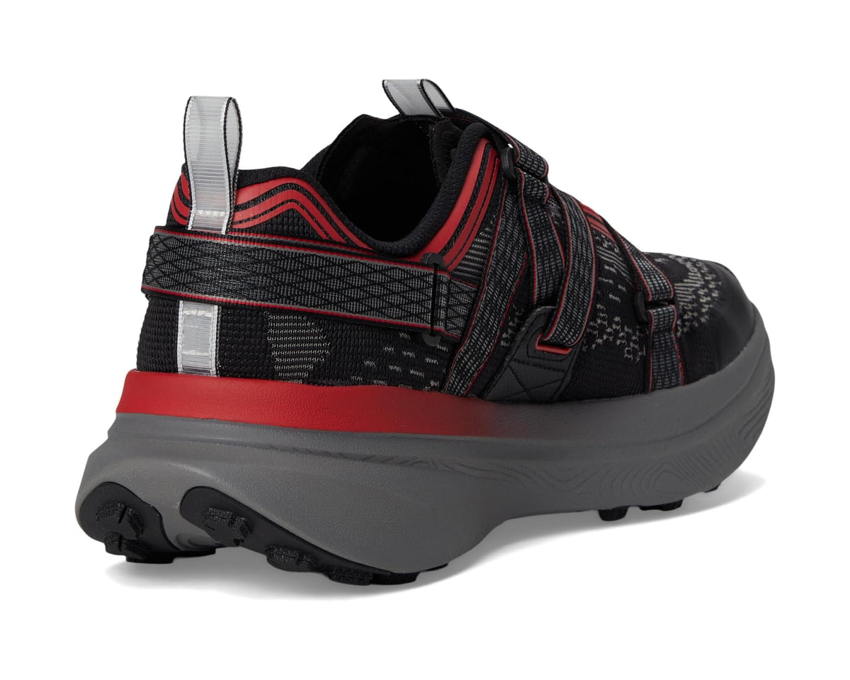 Men's Teva trail running shoes heel view, black/charcoal knit with red heel guard