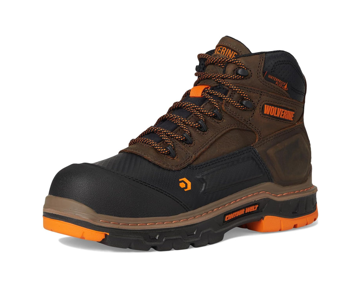 Men's mid hiking boot by Wolverine in summer brown with black toe and orange sole edge
