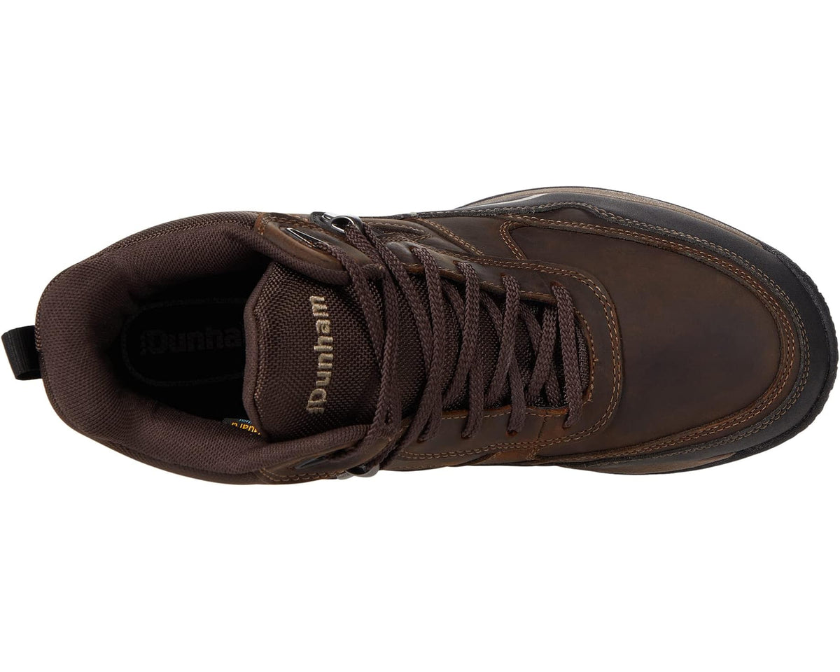 Brown lace-up mid boot with padded tongue lining and Dunham logo on tongue