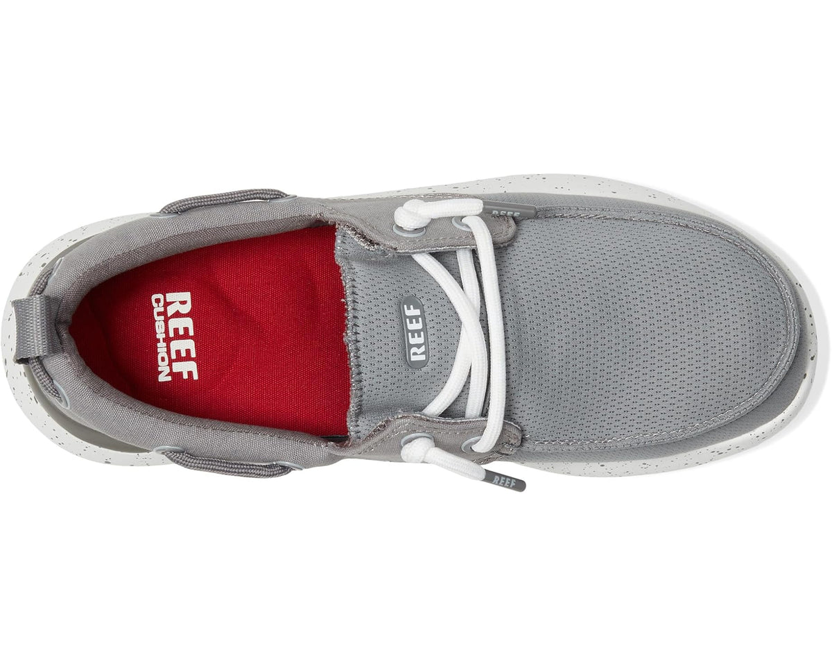 Grey mesh shoe with red interior lining and lace-up opening