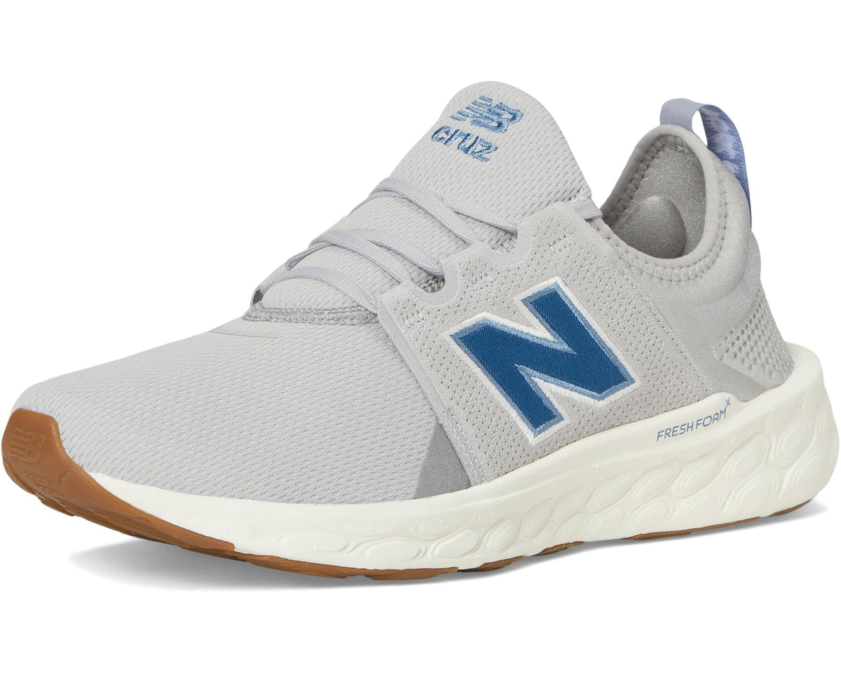 Men's New Balance Fresh Foam X Cruz v3 running shoe, light gray upper with blue N, white sole