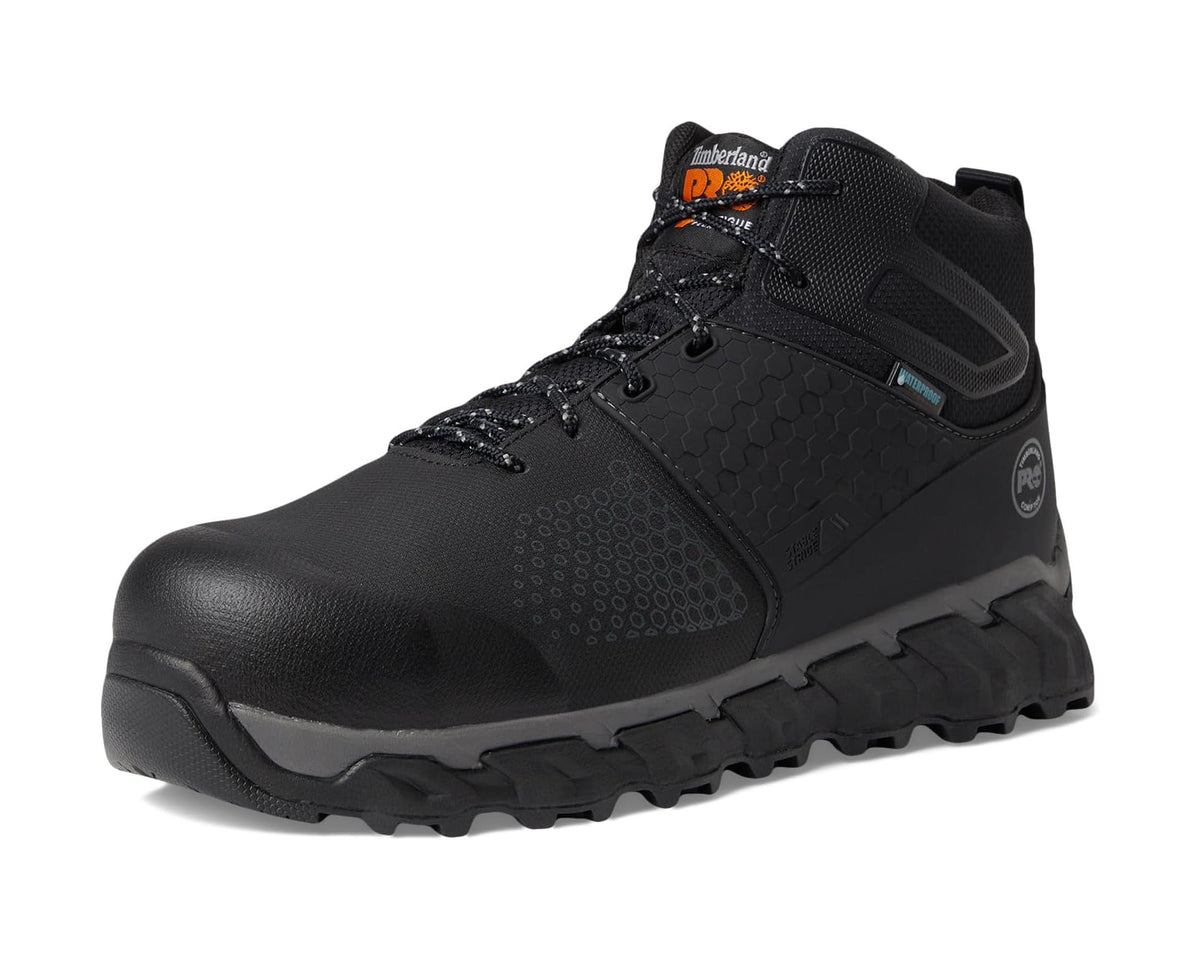 Black waterproof work boot, lace-up mid height, grippy lug outsole