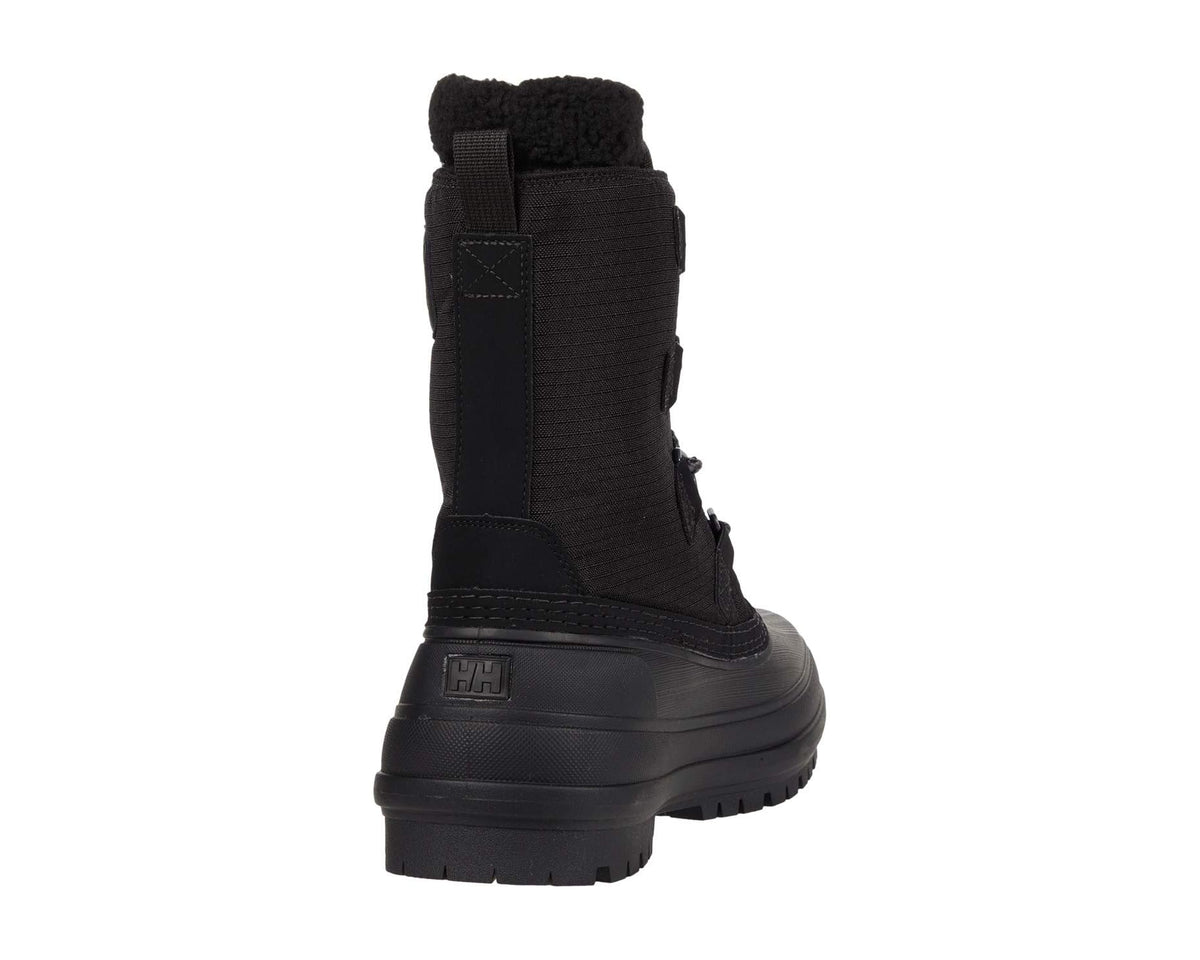 Black winter boot, heel view with elastic side panel and treaded rubber sole