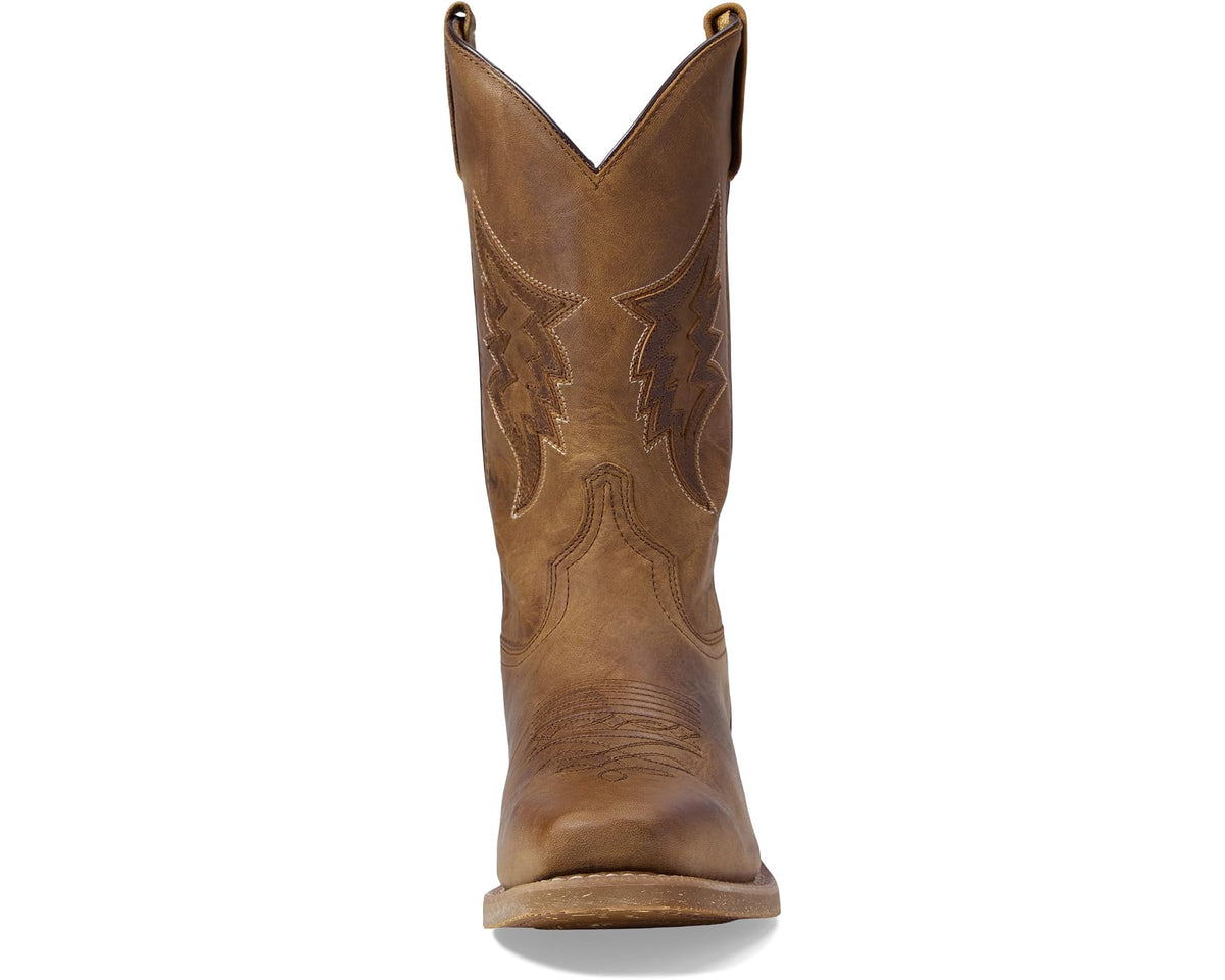 Taupe cowboy boots with pointed toe and decorative side embroidery