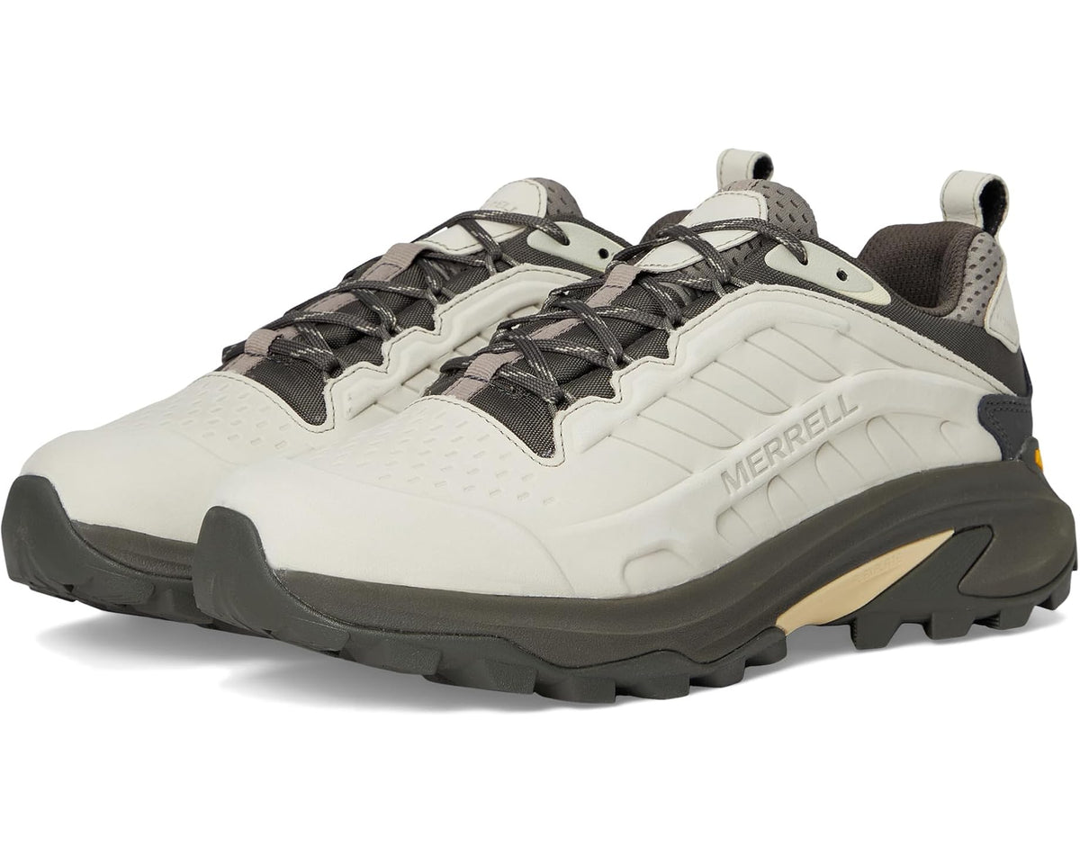 Men's waterproof leather hiking shoe in light cream with dark gray panels, lace-up