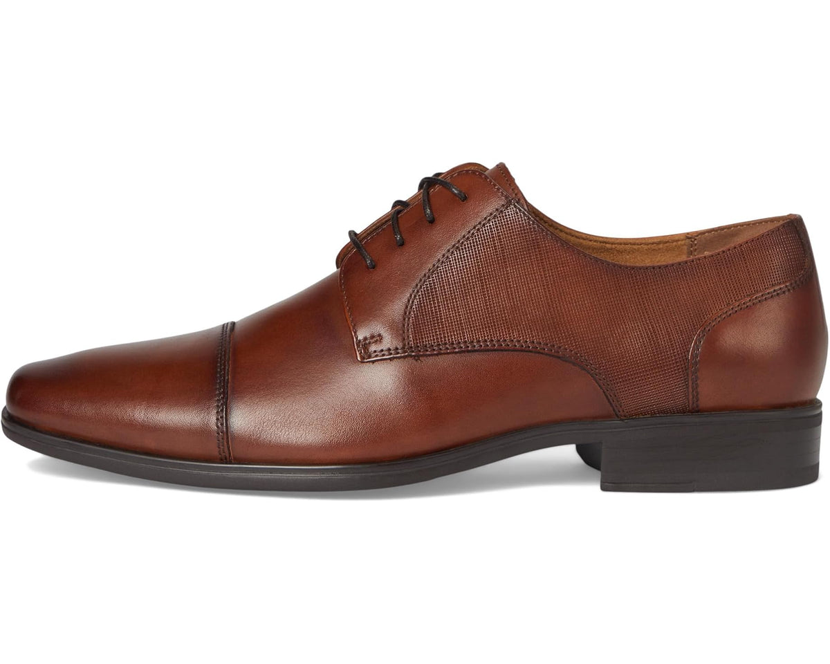 Men's cognac leather cap-toe oxford shoes, lace-up style with dark sole and heel
