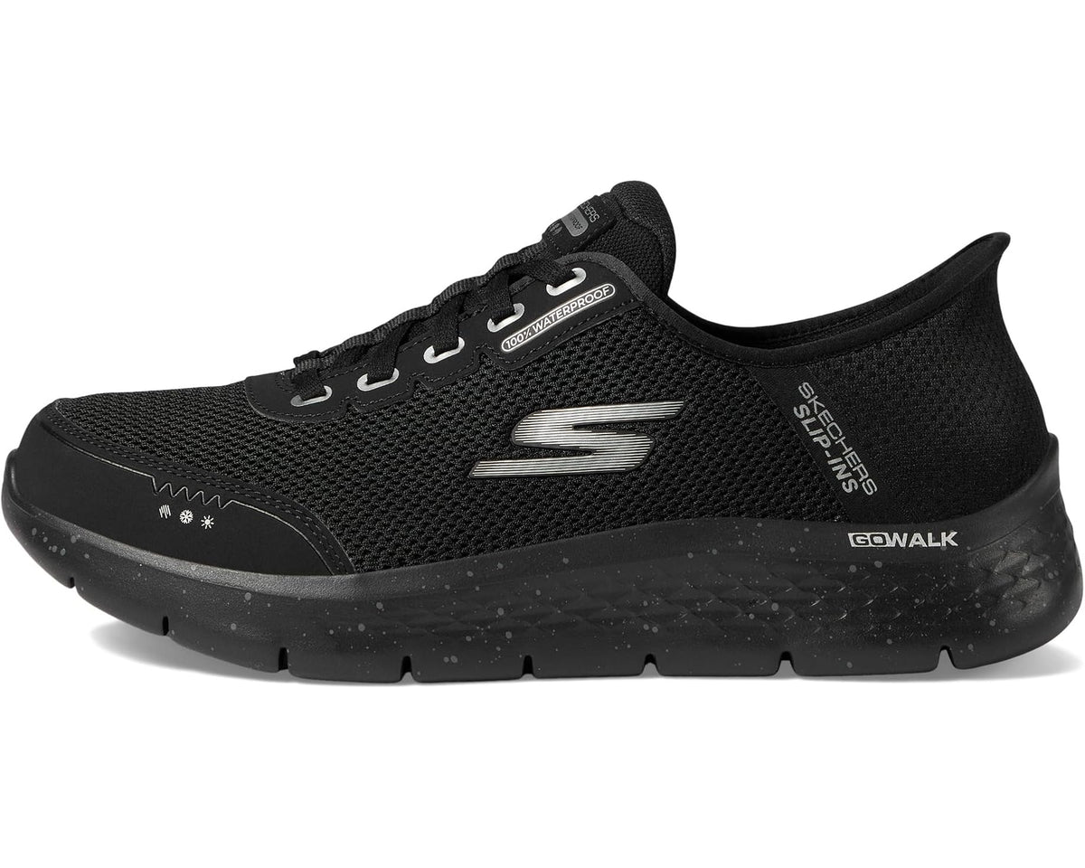 Men's black waterproof slip-on sneakers with large S logo and GoWalk text