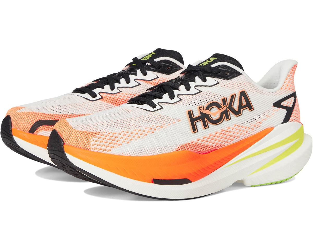 Men's running shoe with white mesh upper, black laces, orange and neon accents