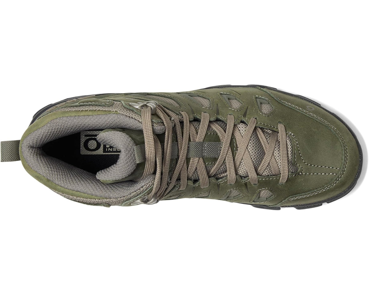 Olive green mid-top hiking boot with open interior, lace-up eyelets and cushioned lining.