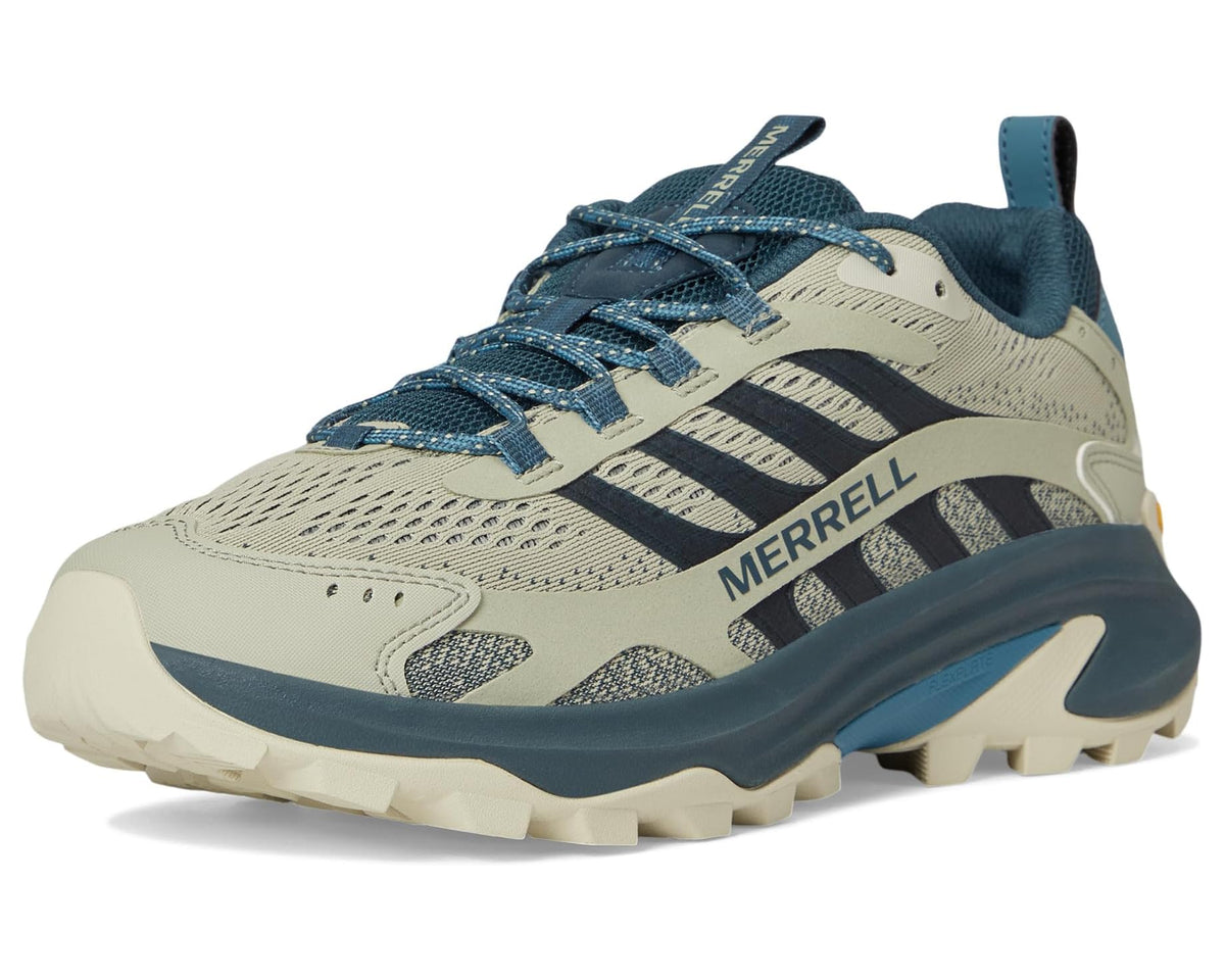 Men's Merrell lace-up trail sneaker in tan and blue with rugged outsole and logo straps