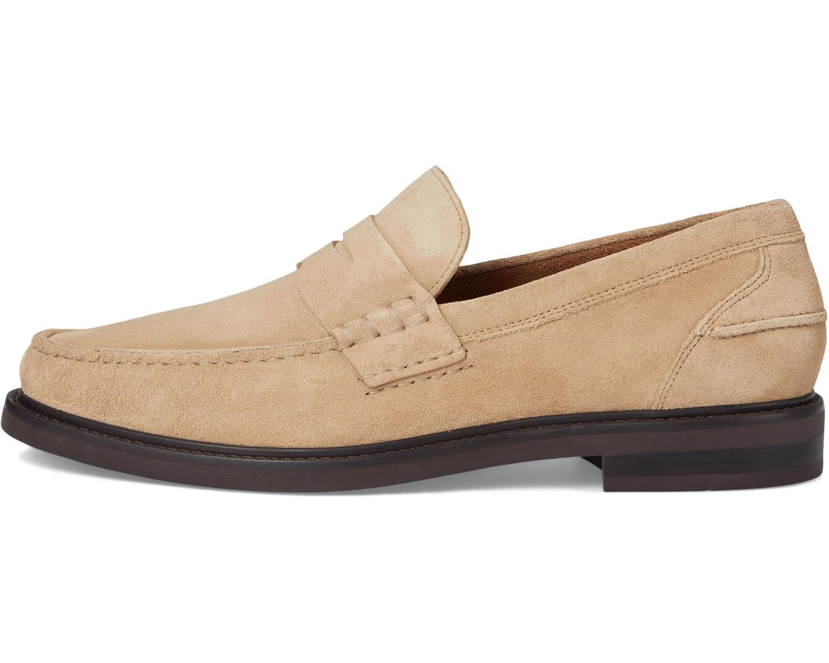 Men's suede penny loafer with moc toe stitching and dark chocolate sole