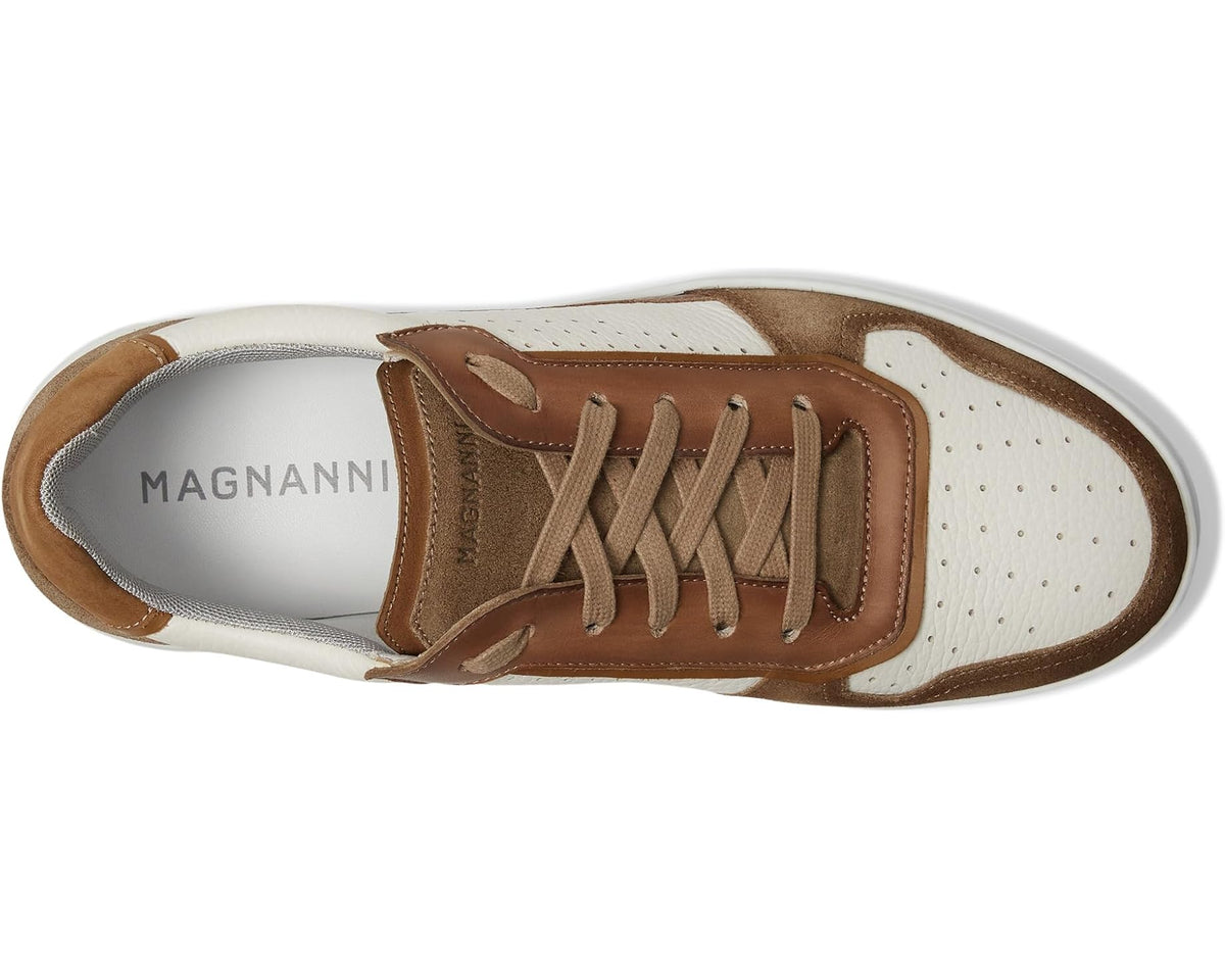 Men's Magnanni low-top sneaker, side view, white and brown leather with lace-up