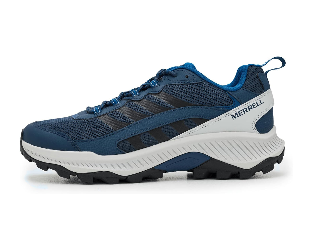 Men's Merrell Speed Strike 2 sneaker profile with navy mesh panels and white midsole