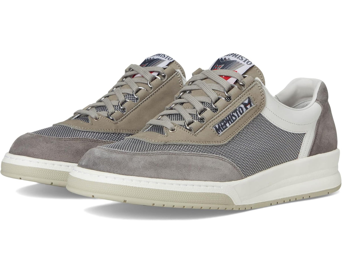 Men's grey athletic sneakers with mesh upper, suede panels, and lace-up closure