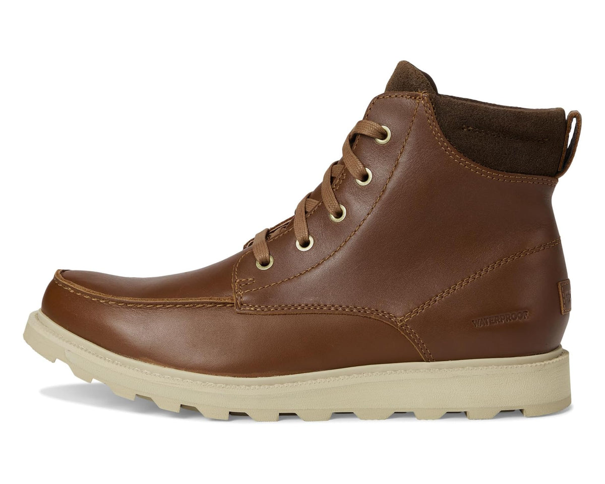Men's waterproof moc-toe lace-up boots, brown leather with ankle collar and stitching