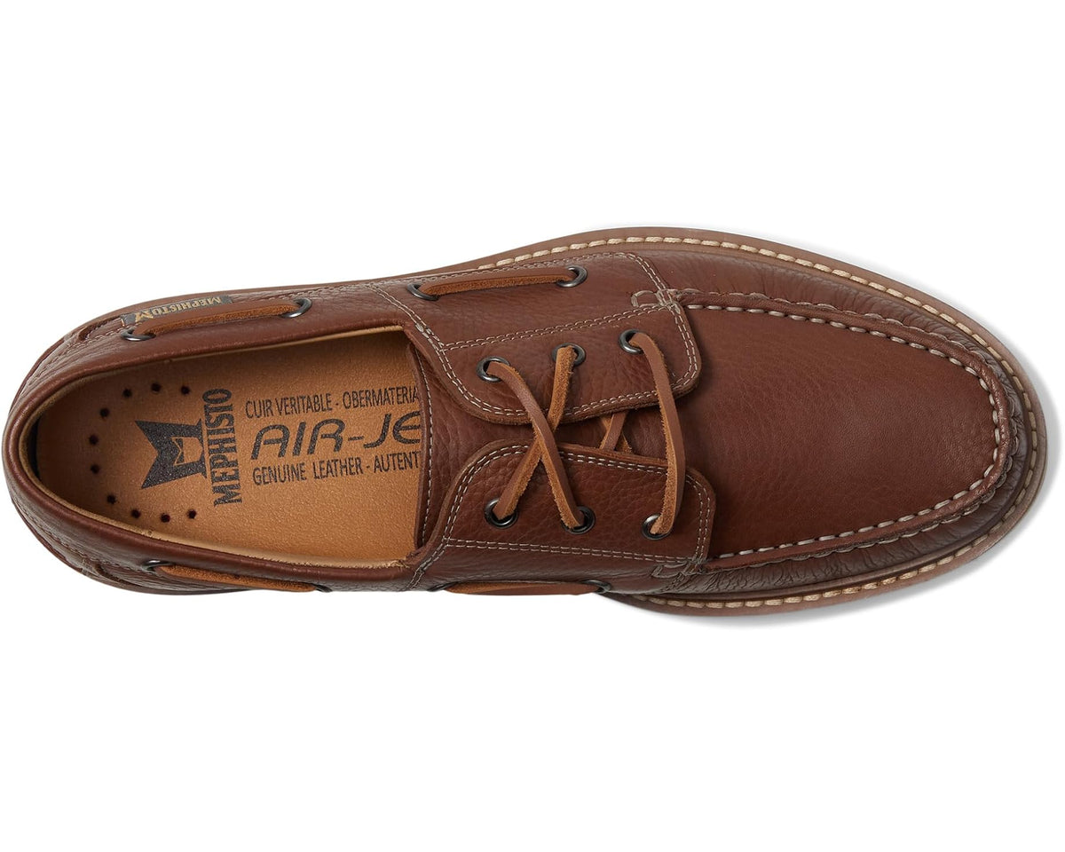Men's brown leather lace-up boat shoe, side view with eyelets and laces
