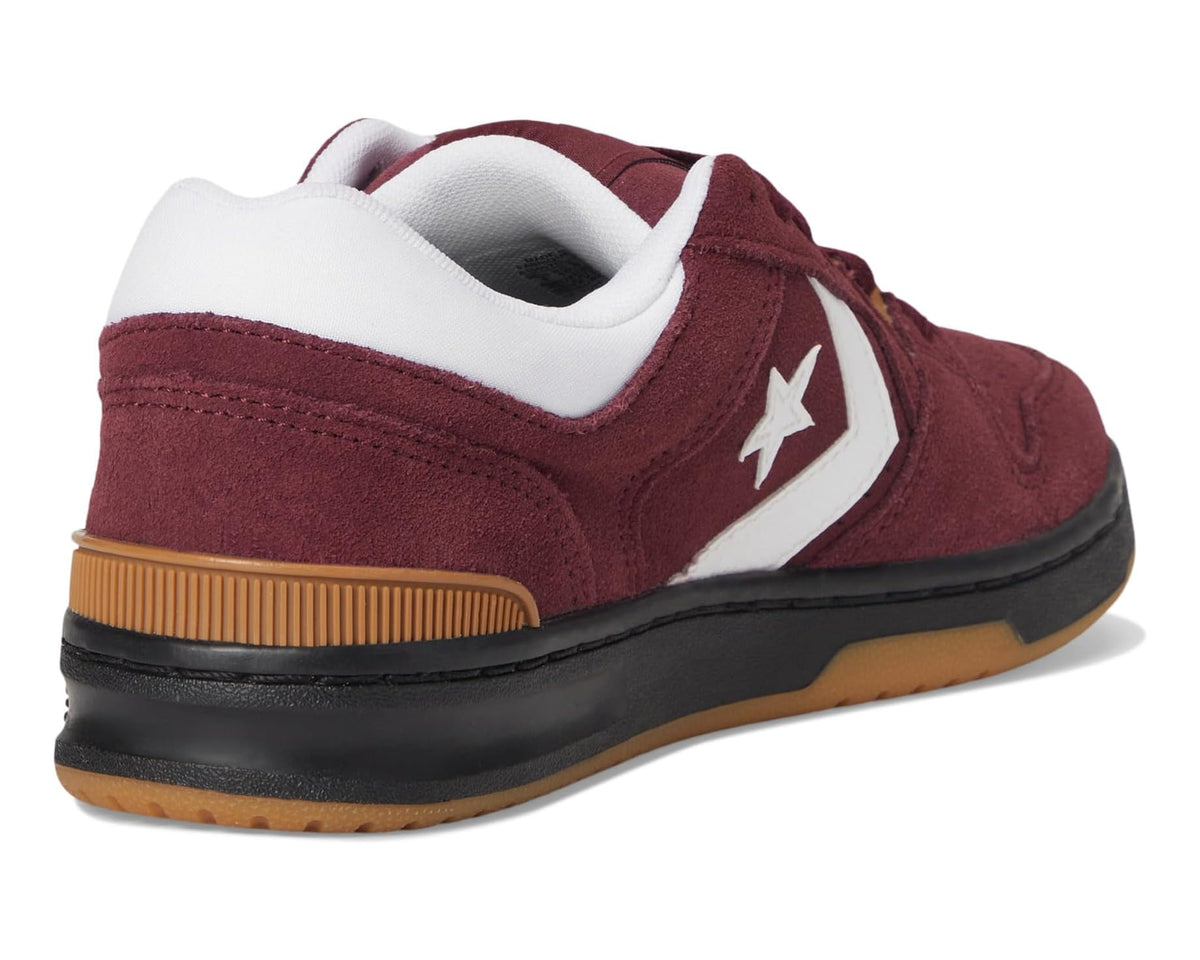 Burgundy suede heel and side view with white collar and gum outsole