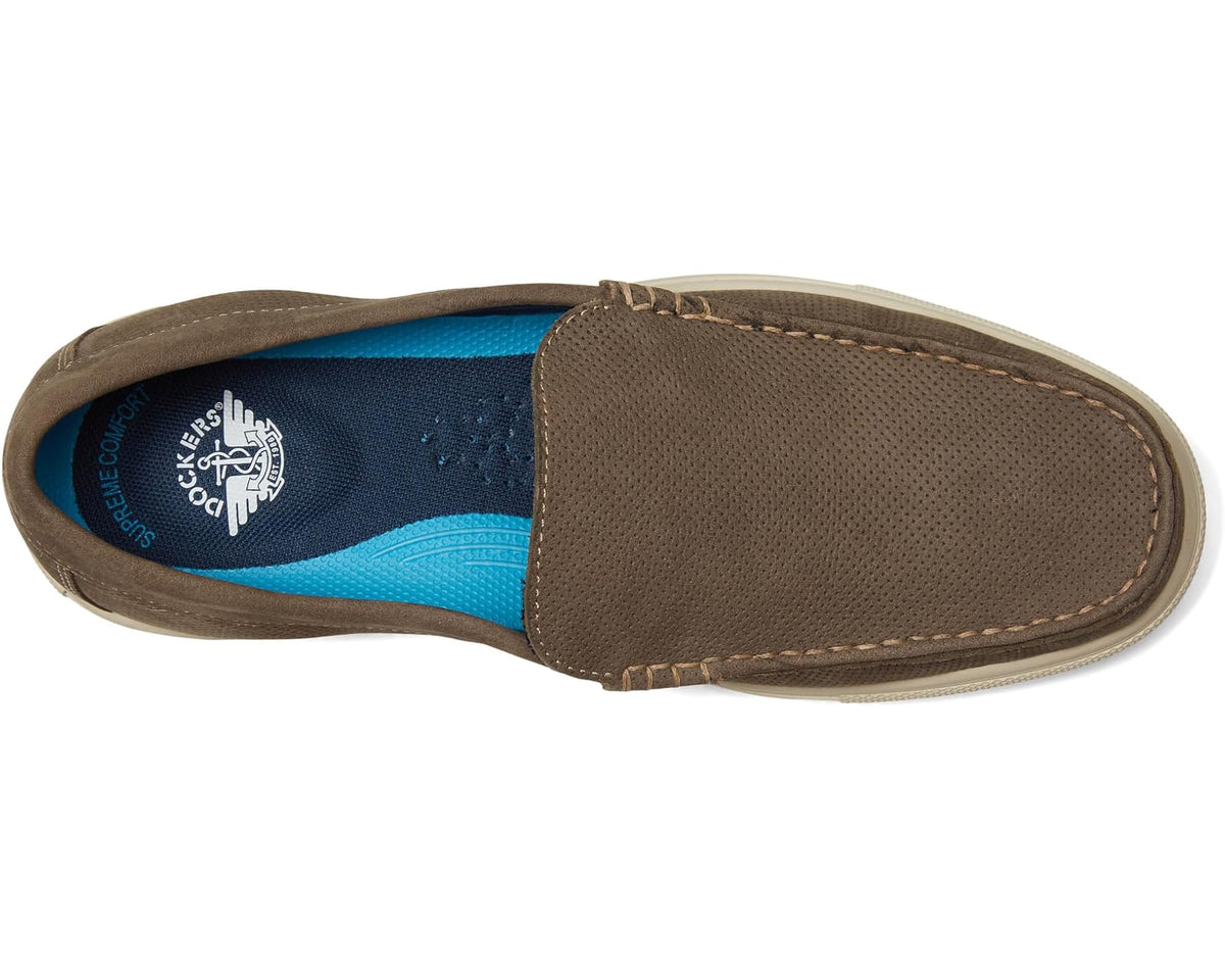 Men's taupe slip-on deck shoe heel with blue inner lining and side seam