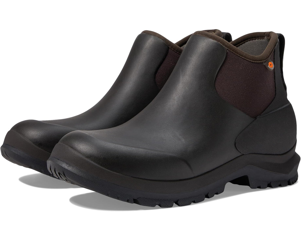 Men’s Chelsea rain boot, dark brown leather-look upper with brown side gore panel