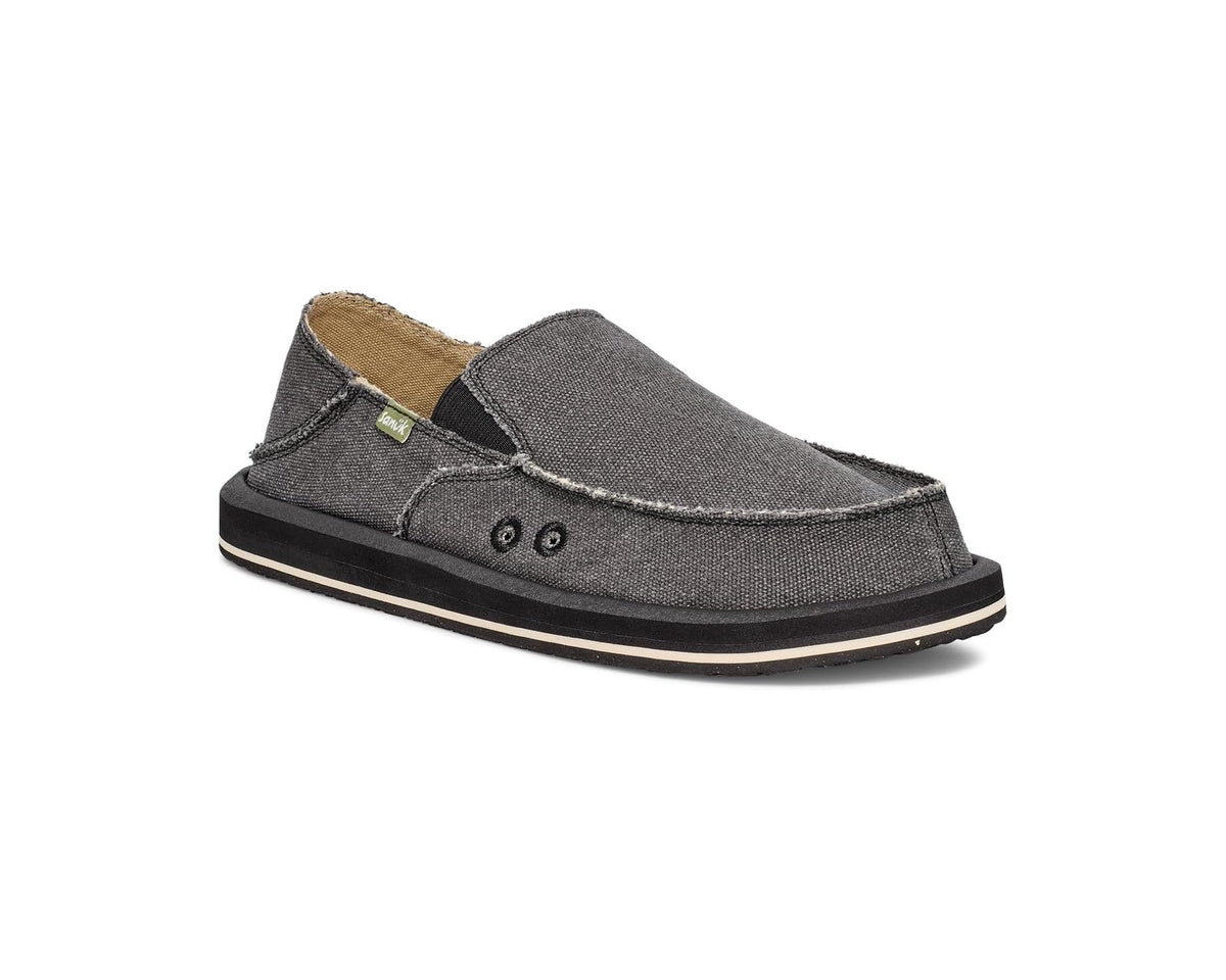 Men's charcoal Sanuk Donny canvas slip-on shoes with stitched moc toe and eyelets