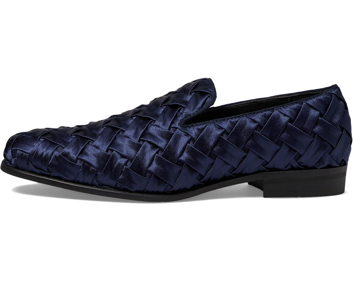 Navy satin woven slip-on loafer profile with fabric collar detail